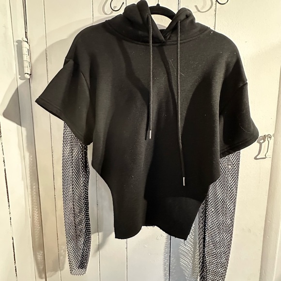 AKIRA Black Hooded Poncho with Mesh RHINESTONE Sleeves - Picture 2 of 4